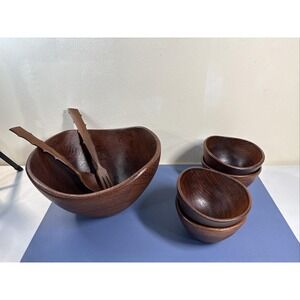 Vintage Goodwood Teak Wood Salad Bowl Set 7pc MCM Thailand Hand Carved Serving